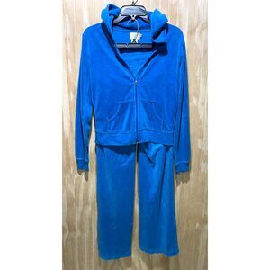 VTG Y2K Velour track suit pants hoodie set Blue 2000's casual women M